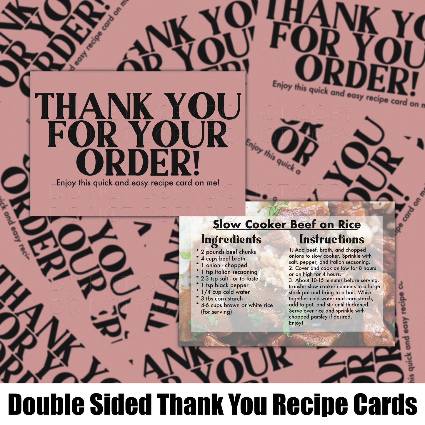 RECIPE THANK YOU CARDS - PACK OF 50 - SLOW COOKER BEEF ON RICE #4010
